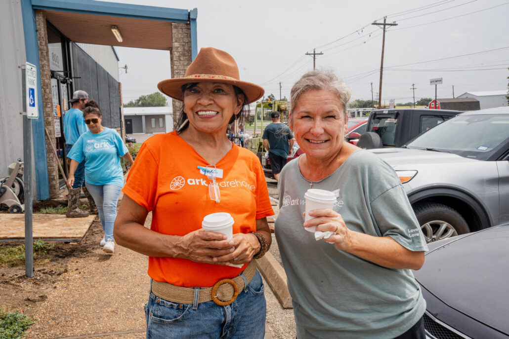 July 4th 2026 Flood Response - volunteers are the Ark of Highland Lakes Ark Warehouse - two women drinking coffee