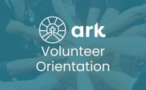 logo with Volunteer Orientations for ark of highland lakes with hands in a circle in the background
