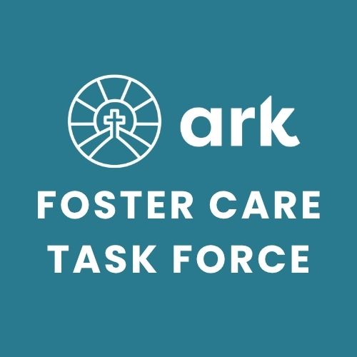 Ark Foster Care Task Force logo on teal background: circular emblem left with abstract lines, followed by the word 'ark' and the text 'FOSTER CARE TASK FORCE' below.