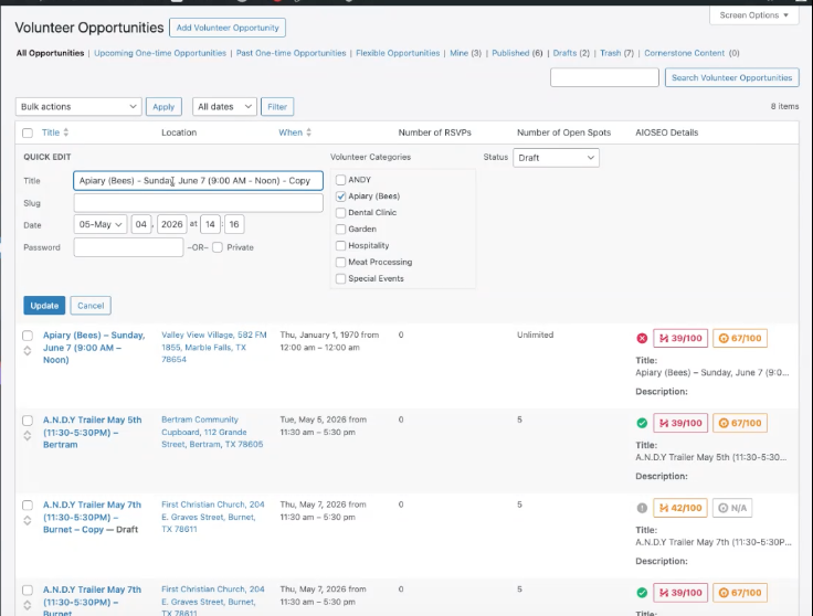 Screenshot of WordPress admin Volunteer Opportunities page with a left navigation menu, header 'Volunteer Opportunities', a Quick Edit panel, and a list of opportunities with statuses like Draft and RSVPs.