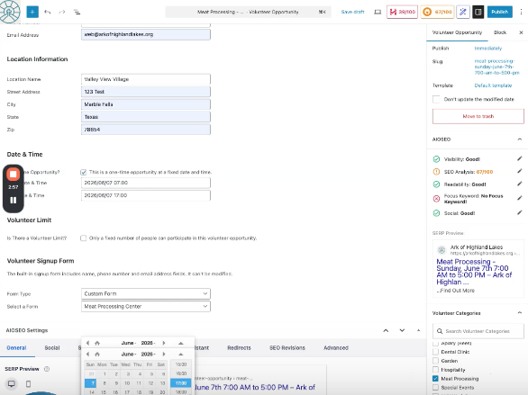 Web form titled Location Information for a volunteer opportunity, showing fields for location name, address, city, state, ZIP, and date/time, with a right-side panel labeled Volunteer Opportunity.
