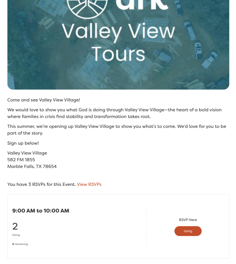 Promotional hero banner with Valley View Tours logo over an aerial site image, representing the event promo.