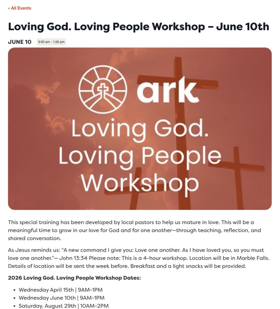 Event banner for the 'Loving God. Loving People Workshop' with an ark logo and cross silhouettes against an orange sunset background, June 10th.