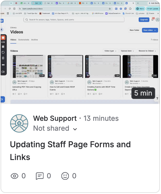 Screenshot of Web Support videos page with thumbnails and a post titled 'Updating Staff Page Forms and Links'.