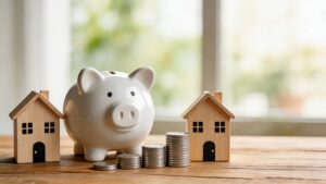Piggy bank flanked by two wooden houses and stacks of coins, symbolizing savings and housing costs.