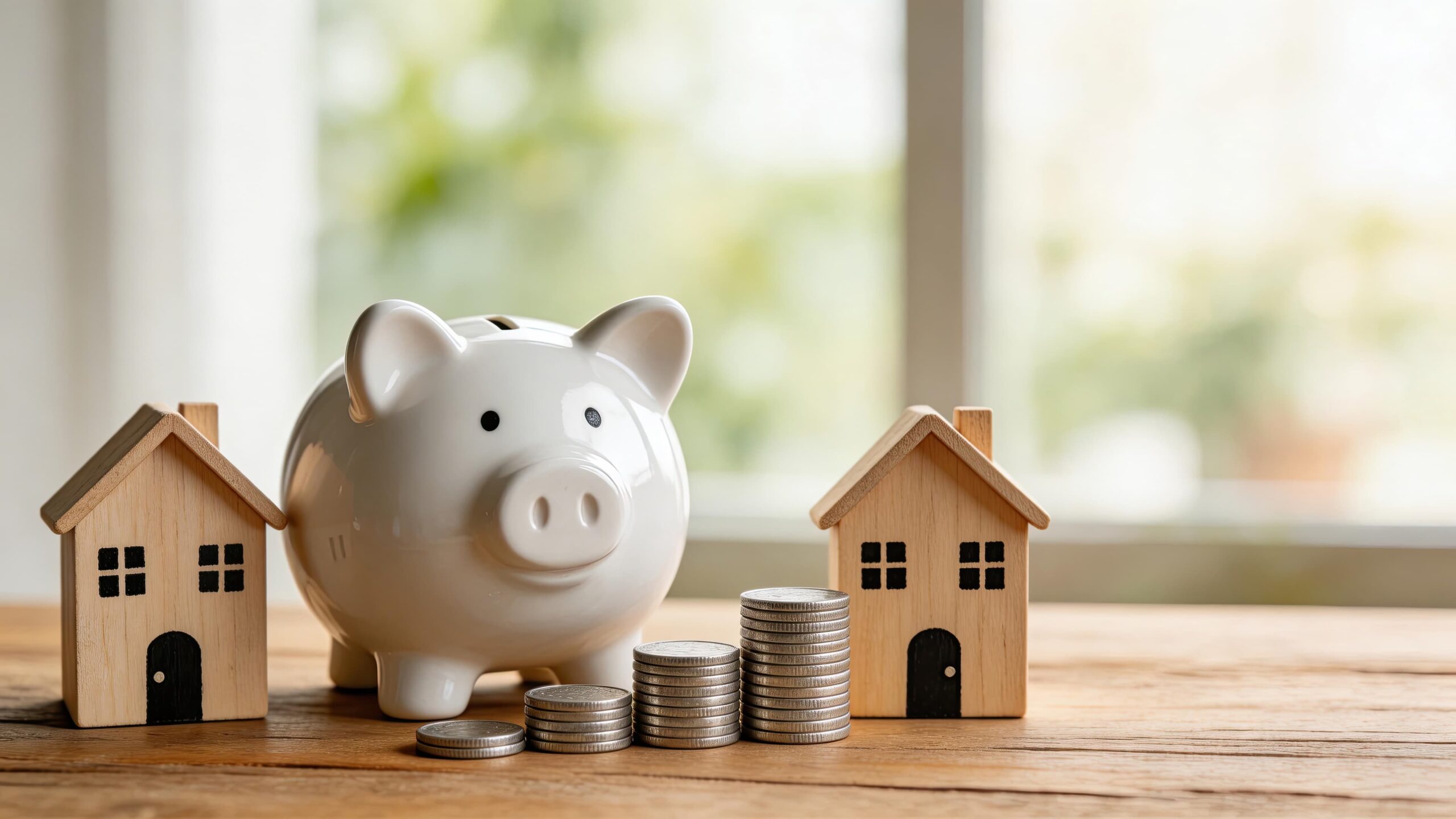 Piggy bank flanked by two wooden houses and stacks of coins, symbolizing savings and housing costs.