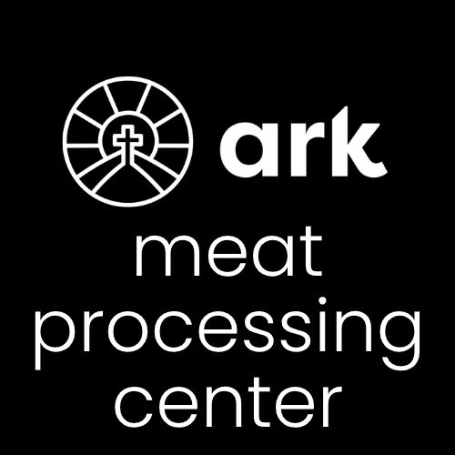 black square ark of highland lakes logo with this white text saying meat processing center ark of highland lakes