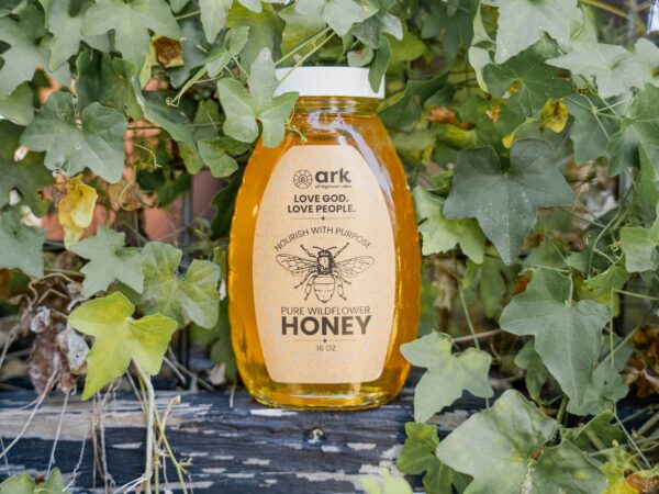 Bottle of honey labeled Ark, nestled among green ivy leaves on a weathered wooden surface.