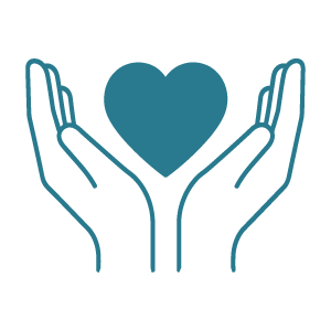 Two hands cupping a teal heart, symbolizing care and support.