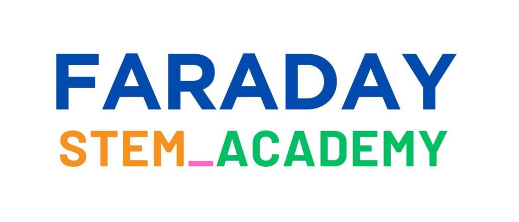 Logo for Faraday STEM Academy with bold blue 'FARADAY' and orange 'STEM', a pink underscore, and green 'ACADEMY' in a colorful, modern style.
