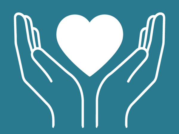 Two stylized hands cupping a white heart against a teal background, conveying care and support.