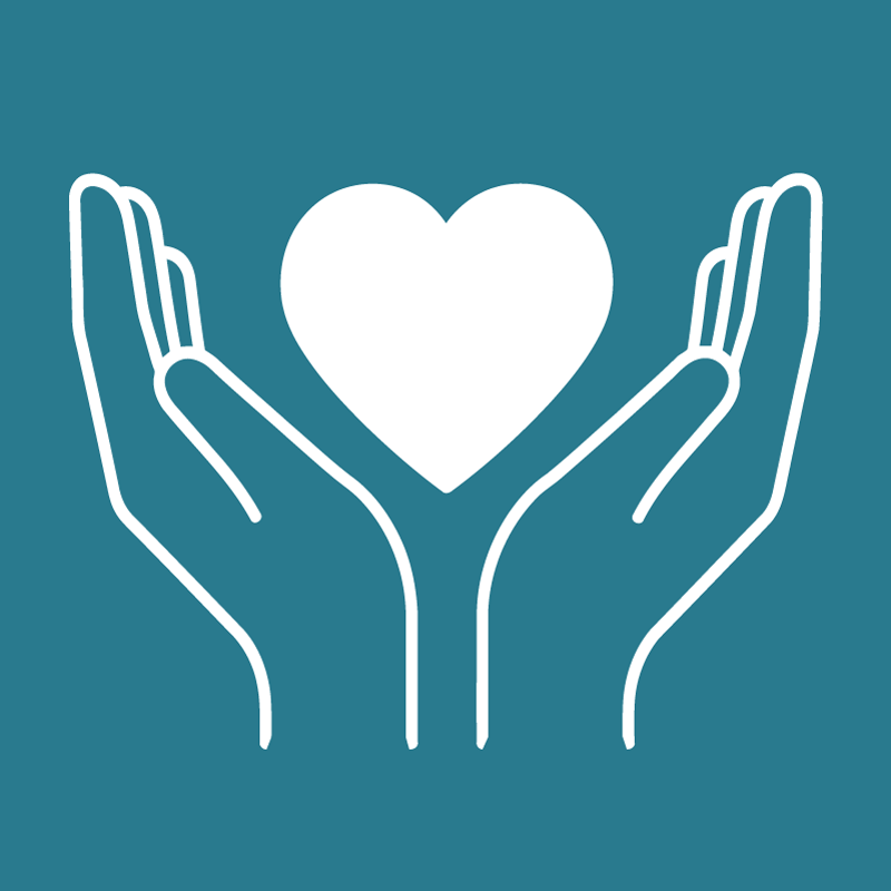 Two stylized hands cupping a white heart against a teal background, conveying care and support.