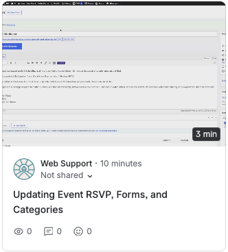 Screenshot of a Web Support forum post titled 'Updating Event RSVP, Forms, and Categories' by Web Support (10 minutes ago), with reaction icons beneath.