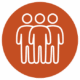 Three stylized white person icons standing side by side on an orange circular background, symbolizing a team.