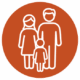 White line drawing of a family—two adults and a child—standing together on an orange circular badge.