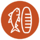 Icon of a fish beside a fishing lure (bobber) on an orange circular background.