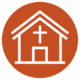 Icon of a white church with a cross on an orange circular background.