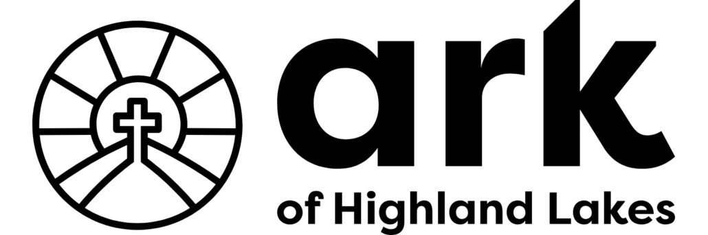 Logo for Ark of Highland Lakes: circular emblem with a cross and pathway leading to a church, next to bold 'ark' and 'of Highland Lakes' text.