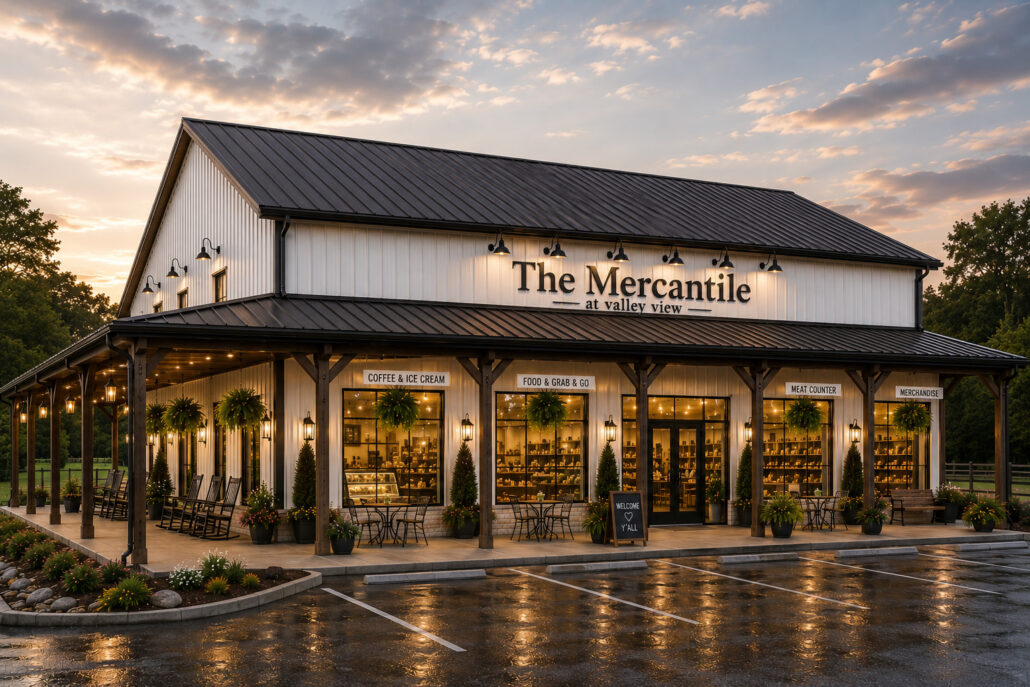Storefront called The Mercantile at Valley View with warm lights, plants, and outdoor seating at dusk.