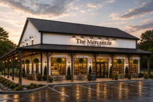 Storefront called The Mercantile at Valley View with warm lights, plants, and outdoor seating at dusk.