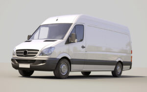 White cargo van seen from a front-right angle with high roof and side panels clear in view