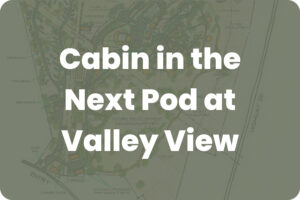 Large white headline on a faded map background: "Cabin in the Next Pod at Valley View"